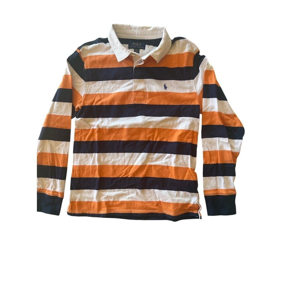 Polo Ralph Lauren Boys M 10-12 Rugby Shirt Long Sleeve Striped Orange Navy White